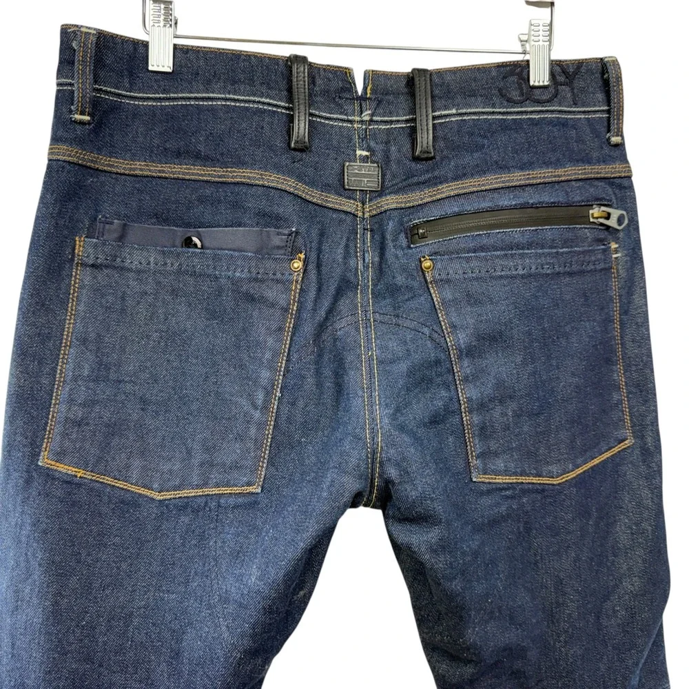 G Star Raw 30 Y Jeans Dark Wash Moto Double Knee Leather Trim Men's Size‎ 32x28